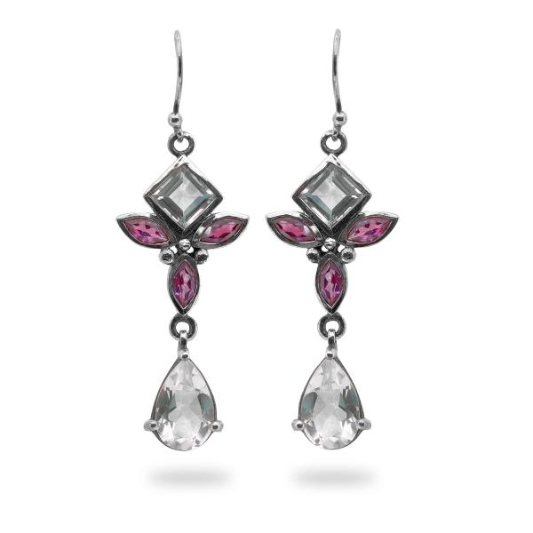 Boucles d'oreilles chrystal de roche, rhodolite argent Iris